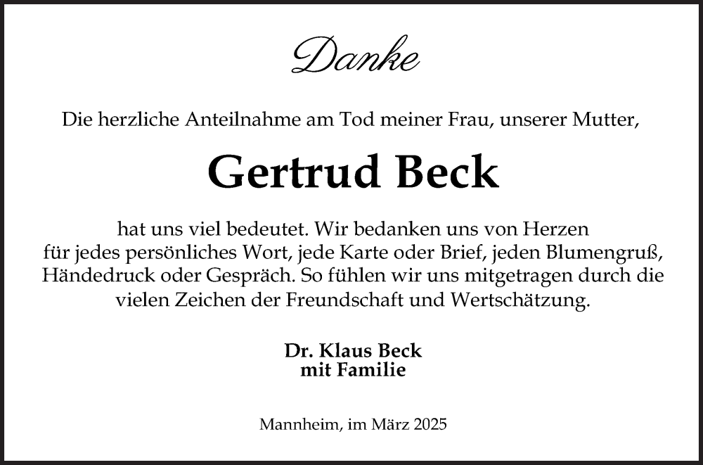  Traueranzeige für Gertrud Beck vom 22.03.2025 aus Mannheimer Morgen