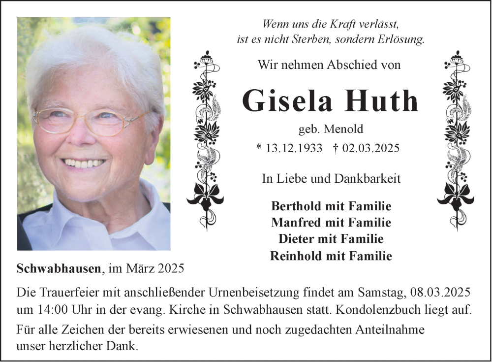  Traueranzeige für Gisela Huth vom 05.03.2025 aus Fränkische Nachrichten