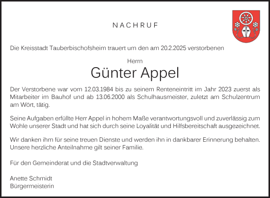 Traueranzeige von Günter Appel von Fränkische Nachrichten