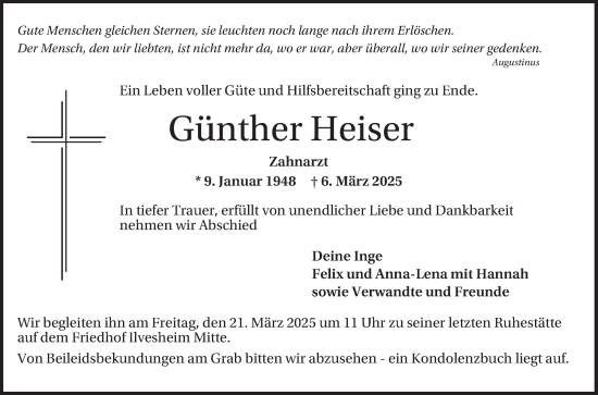 Traueranzeige von Günther Heiser von Mannheimer Morgen