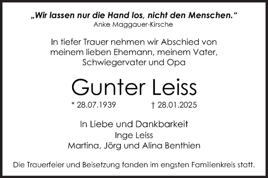 Traueranzeige von Gunter Leiss von Mannheimer Morgen