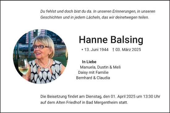 Traueranzeige von Hanne Balsing von Fränkische Nachrichten