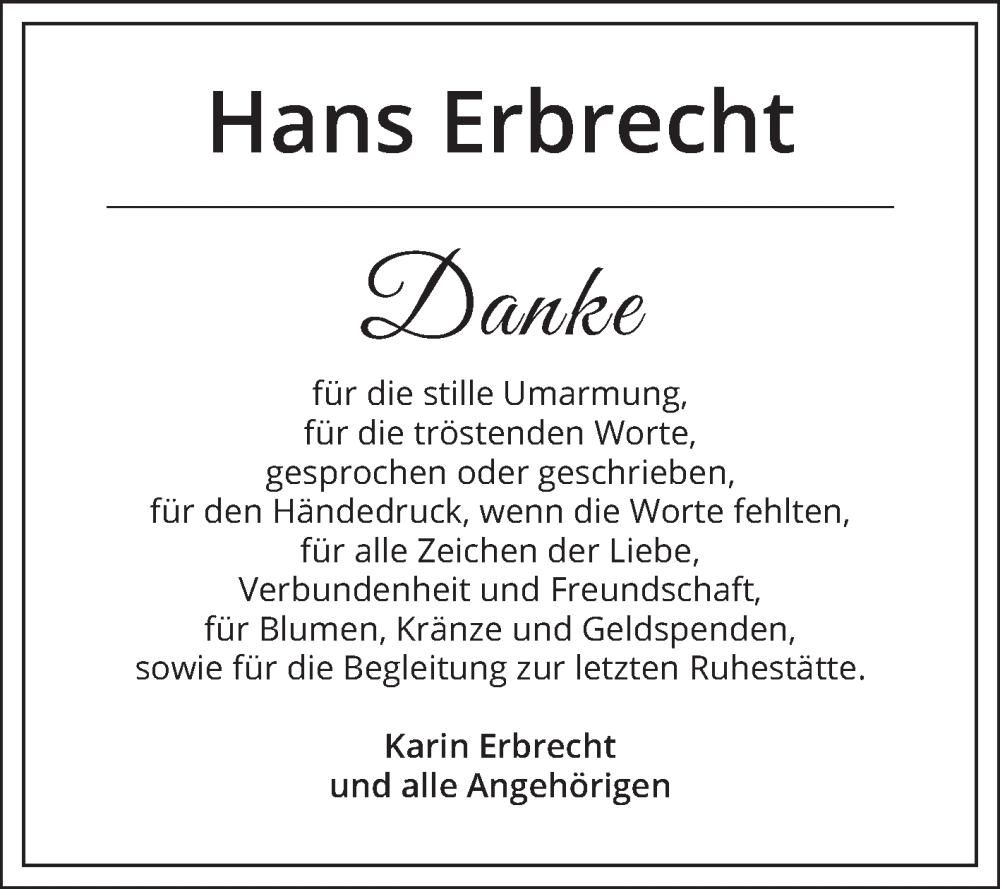  Traueranzeige für Hans Erbrecht vom 29.03.2025 aus Schwetzinger Zeitung