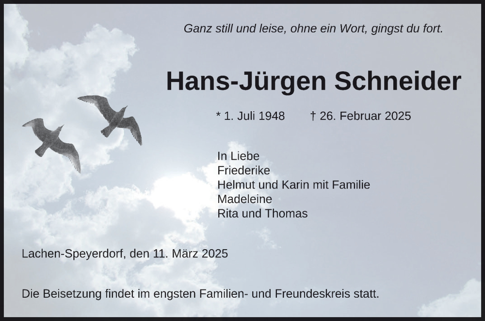  Traueranzeige für Hans-Jürgen Schneider vom 11.03.2025 aus Mannheimer Morgen