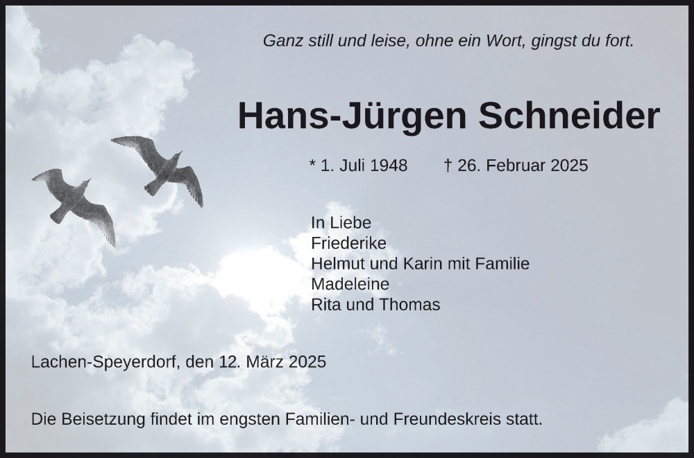  Traueranzeige für Hans-Jürgen Schneider vom 12.03.2025 aus Schwetzinger Zeitung