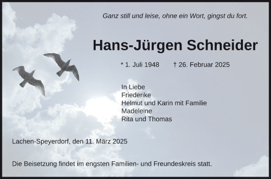 Traueranzeige von Hans-Jürgen Schneider von Mannheimer Morgen