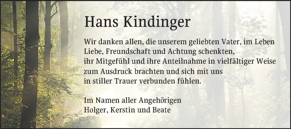  Traueranzeige für Hans Kindinger vom 15.03.2025 aus Bergsträßer Anzeiger