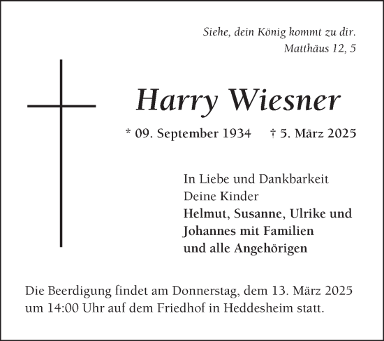 Traueranzeige von Harry Wiesner von Mannheimer Morgen