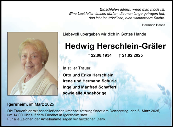 Traueranzeige von Hedwig Herschlein-Gräler von Fränkische Nachrichten