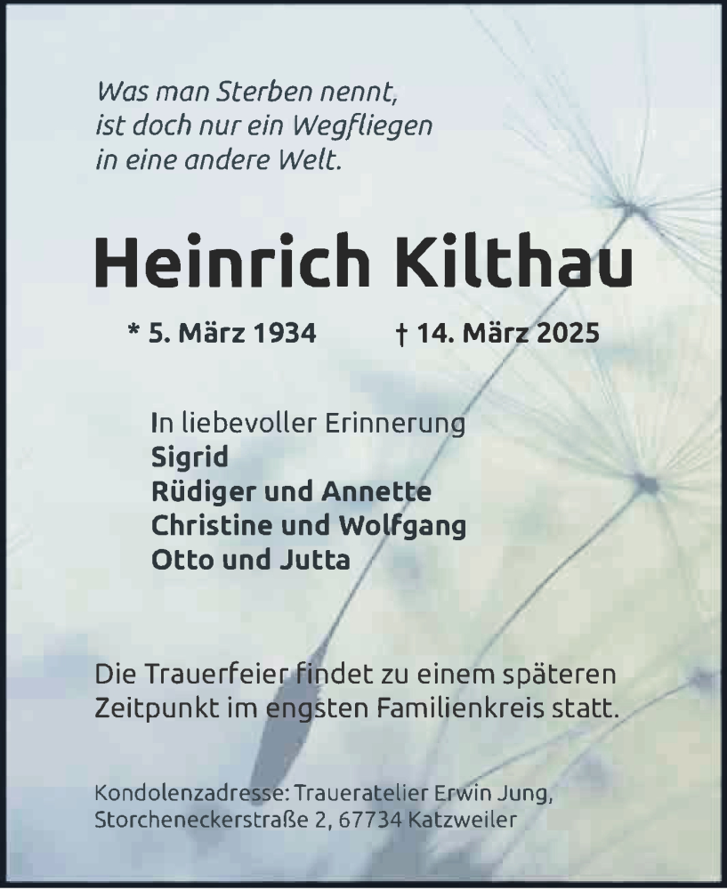  Traueranzeige für Heinrich Kilthau vom 22.03.2025 aus Mannheimer Morgen