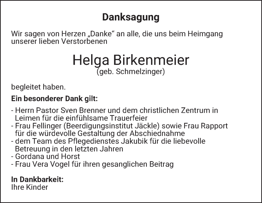  Traueranzeige für Helga Birkenmeier vom 29.03.2025 aus Schwetzinger Zeitung
