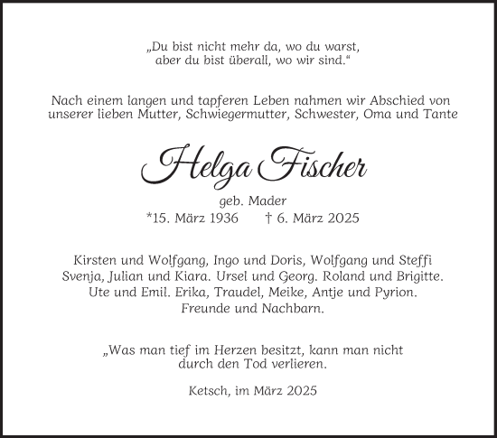 Traueranzeige von Helga Fischer von Schwetzinger Zeitung