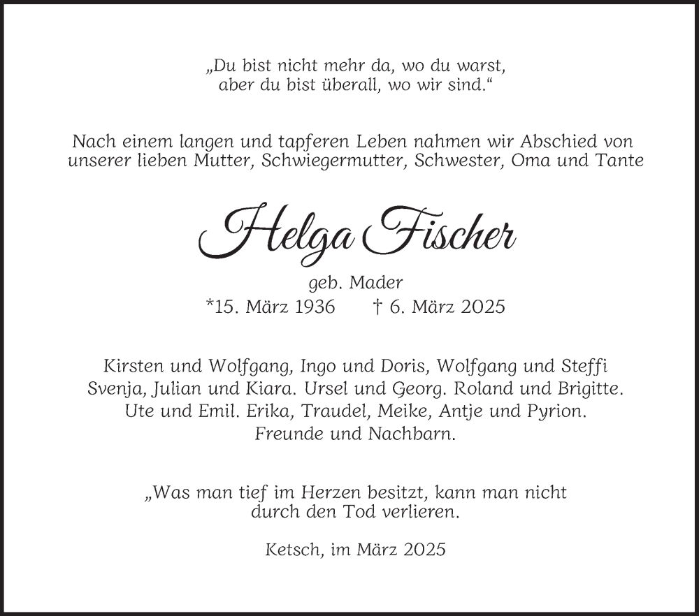  Traueranzeige für Helga Fischer vom 29.03.2025 aus Schwetzinger Zeitung