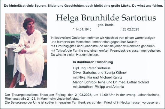 Traueranzeige von Helga Brunhilde Sartorius von Mannheimer Morgen
