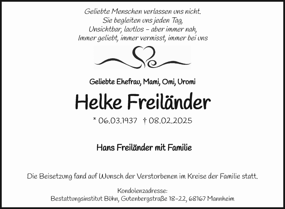  Traueranzeige für Helke Freiländer vom 08.03.2025 aus Mannheimer Morgen