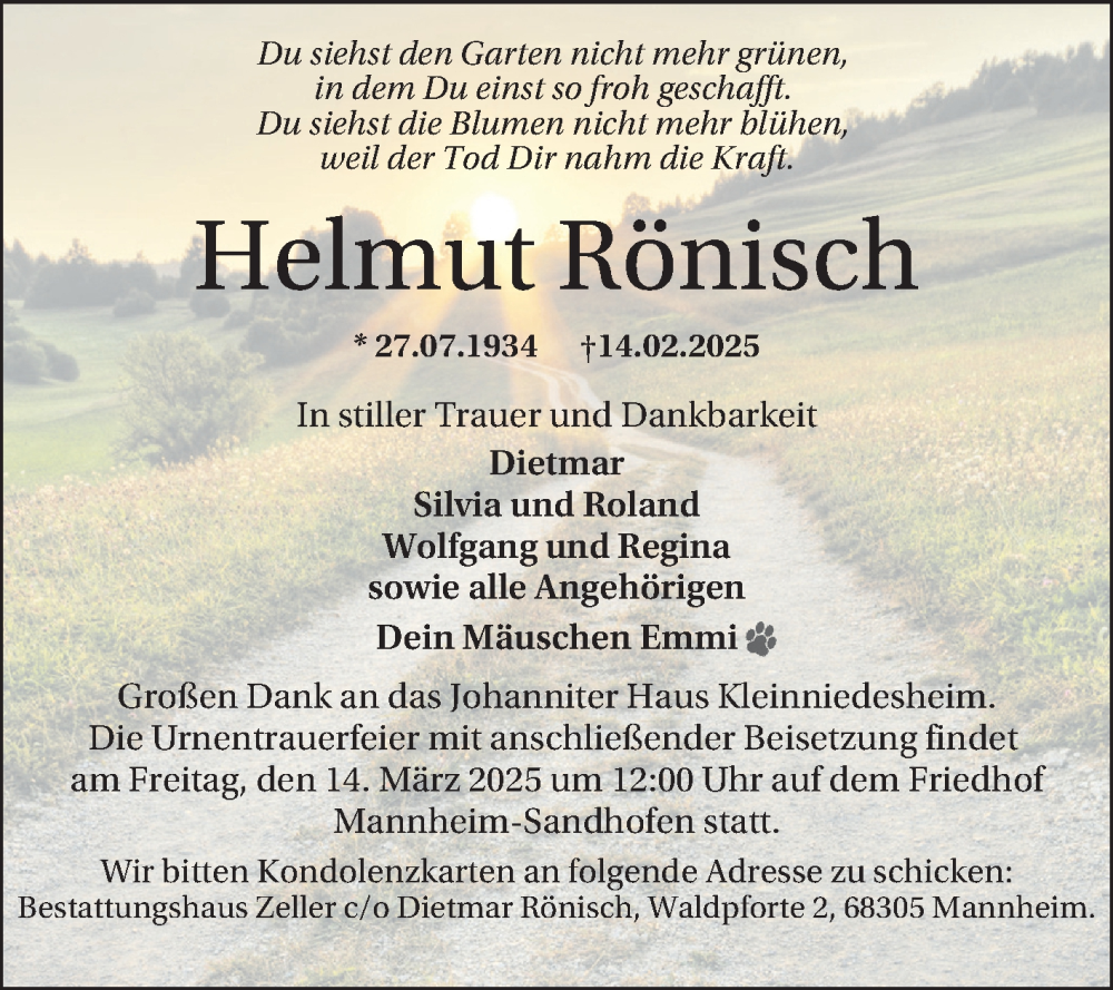  Traueranzeige für Helmut Rönisch vom 08.03.2025 aus Mannheimer Morgen