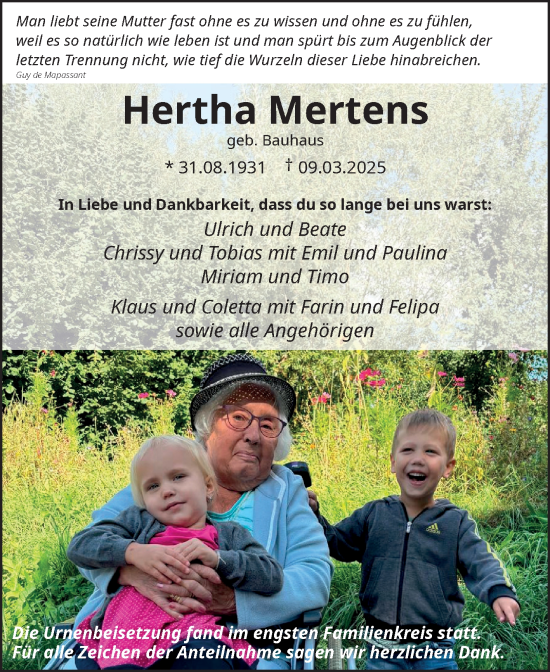 Traueranzeige von Hertha Mertens von Fränkische Nachrichten