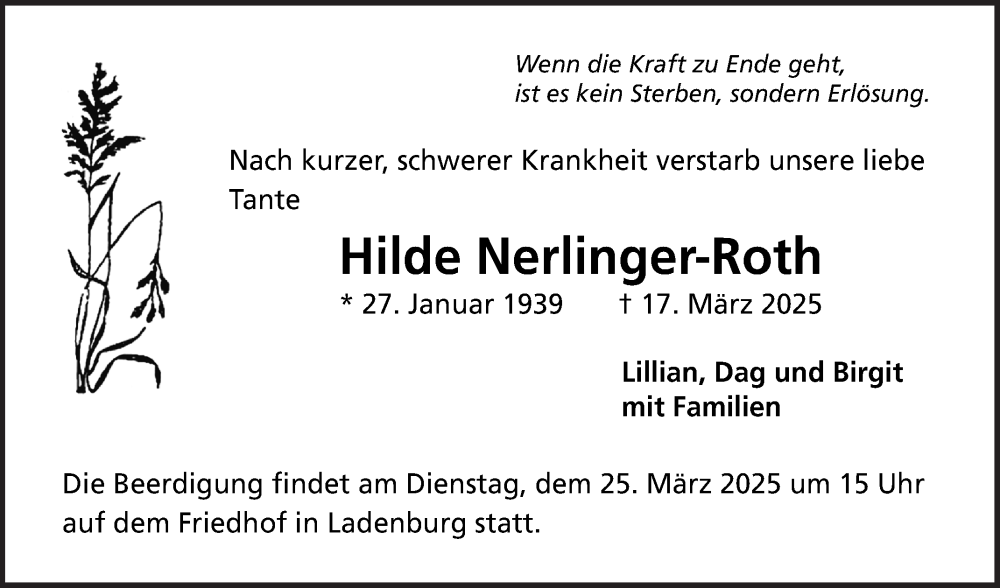  Traueranzeige für Hilde Nerlinger-Roth vom 22.03.2025 aus Mannheimer Morgen