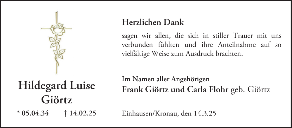  Traueranzeige für Hildegard Luise Giörtz vom 15.03.2025 aus Bergsträßer Anzeiger