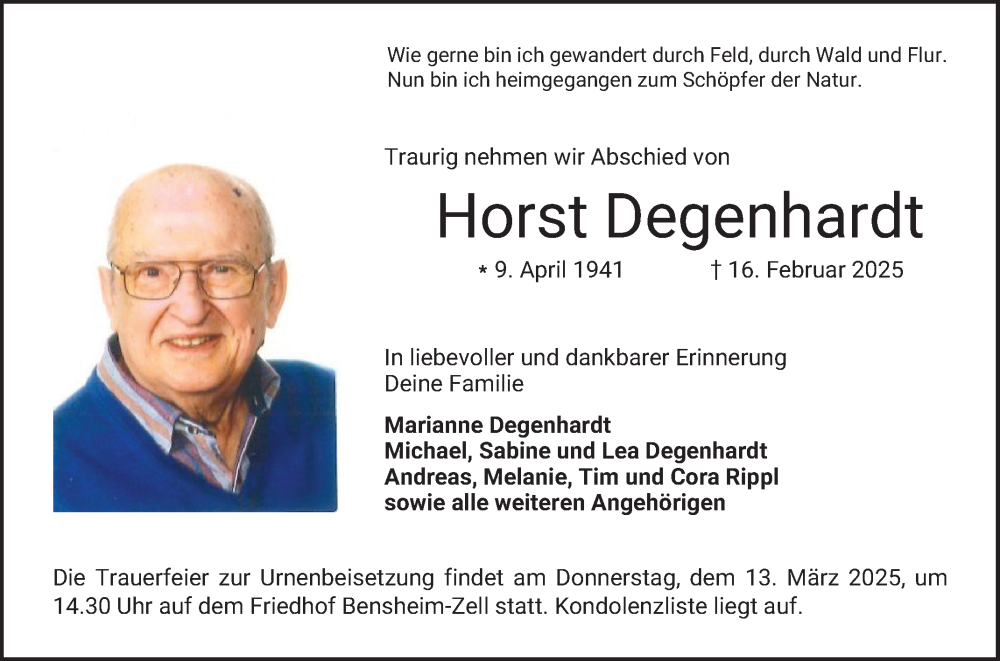  Traueranzeige für Horst Degenhardt vom 08.03.2025 aus Bergsträßer Anzeiger