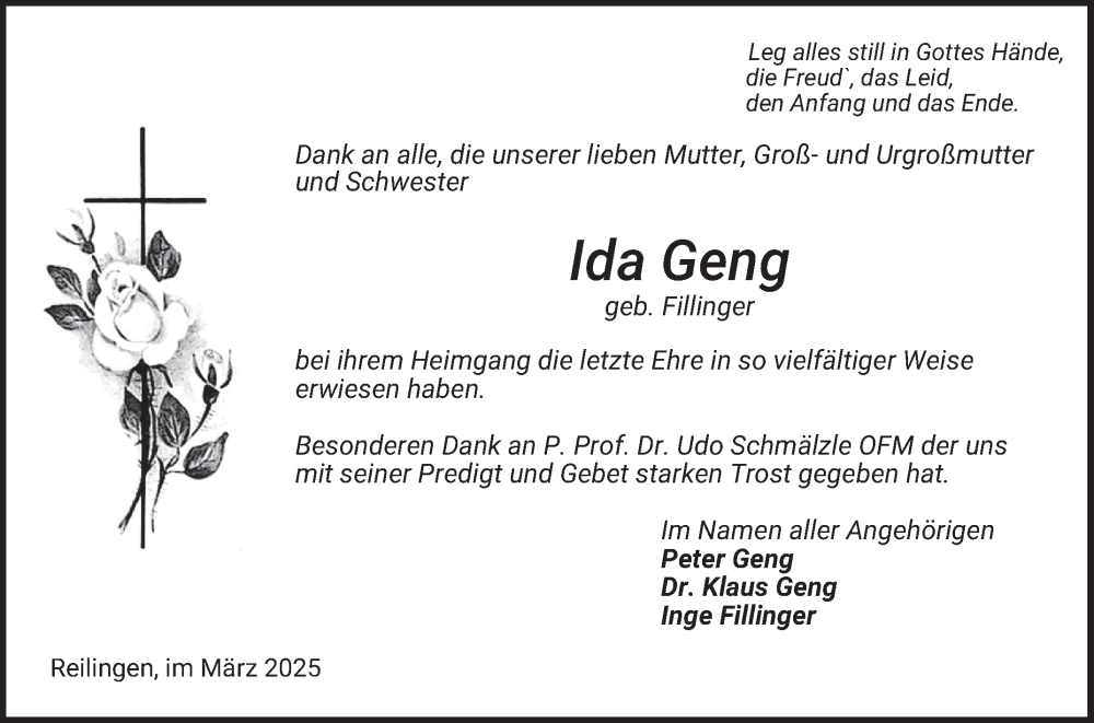  Traueranzeige für Ida Geng vom 05.03.2025 aus Schwetzinger Zeitung