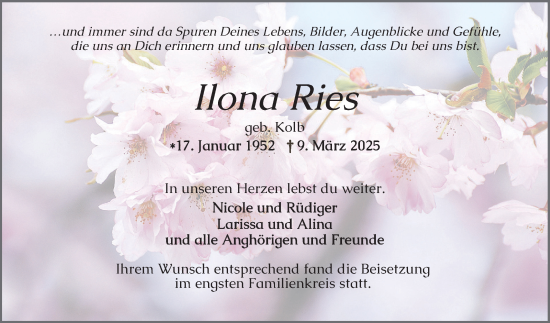 Traueranzeige von Ilona Ries von Schwetzinger Zeitung