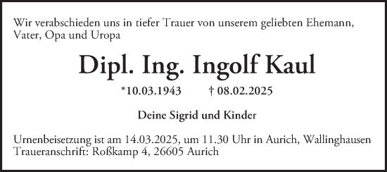 Traueranzeige von Ingolf Kaul von Mannheimer Morgen