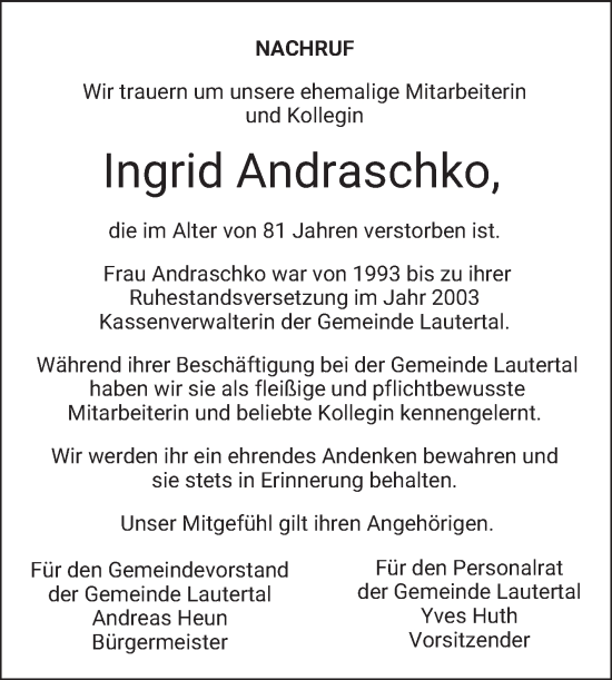 Traueranzeige von Ingrid Andraschko von Bergsträßer Anzeiger