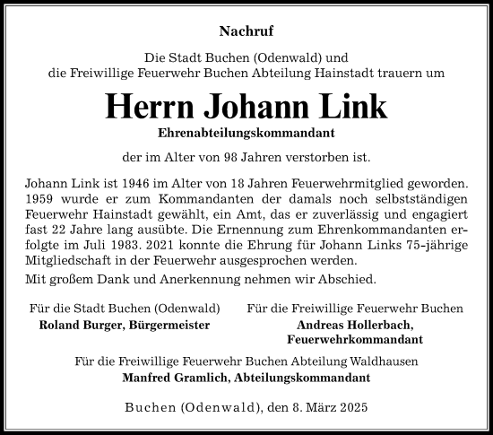 Traueranzeige von Johann Link von Fränkische Nachrichten