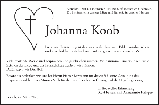 Traueranzeige von Johanna Koob von Bergsträßer Anzeiger