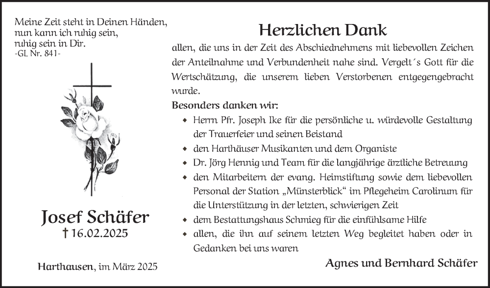  Traueranzeige für Josef Schäfer vom 19.03.2025 aus Fränkische Nachrichten