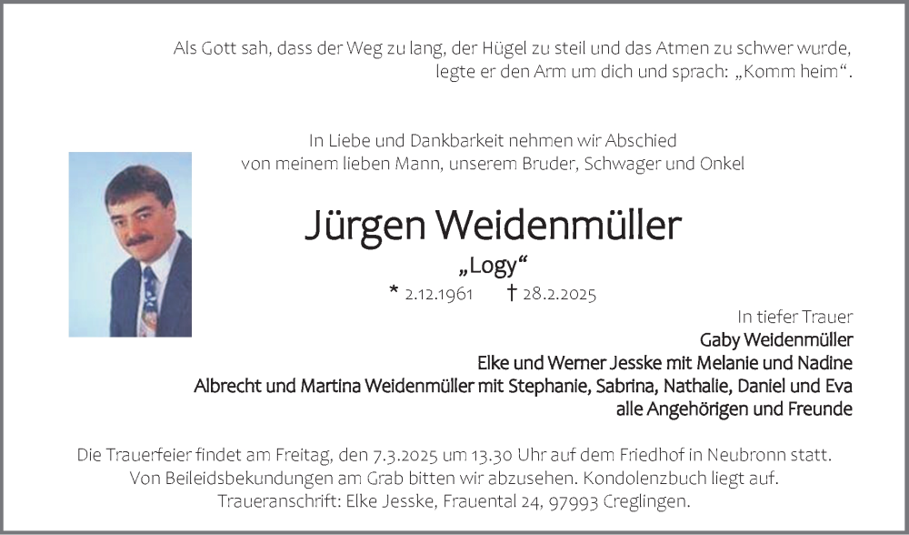  Traueranzeige für Jürgen Weidenmüller vom 04.03.2025 aus Fränkische Nachrichten
