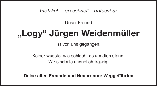 Traueranzeige von Jürgen Weidenmüller von Fränkische Nachrichten