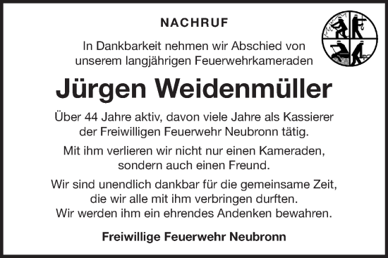 Traueranzeige von Jürgen Weidenmüller von Fränkische Nachrichten