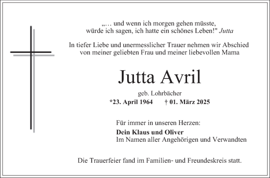 Traueranzeige von Jutta Avril von Mannheimer Morgen