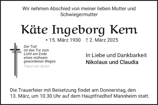 Traueranzeige von Käte Ingeborg Kern von Mannheimer Morgen