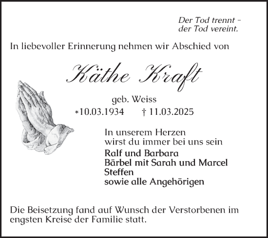 Traueranzeige von Käthe Kraft von Mannheimer Morgen