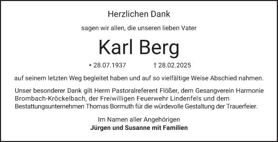 Traueranzeige von Karl Berg von Bergsträßer Anzeiger