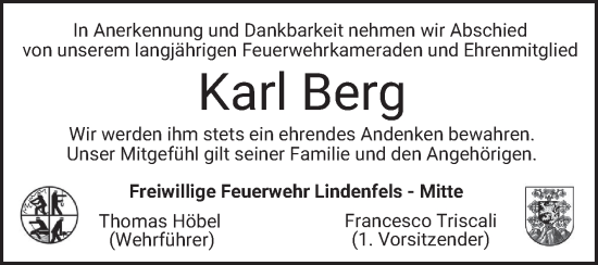 Traueranzeige von Karl Berg von Bergsträßer Anzeiger