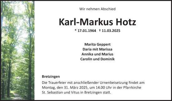 Traueranzeige von Karl-Markus Hotz von Fränkische Nachrichten