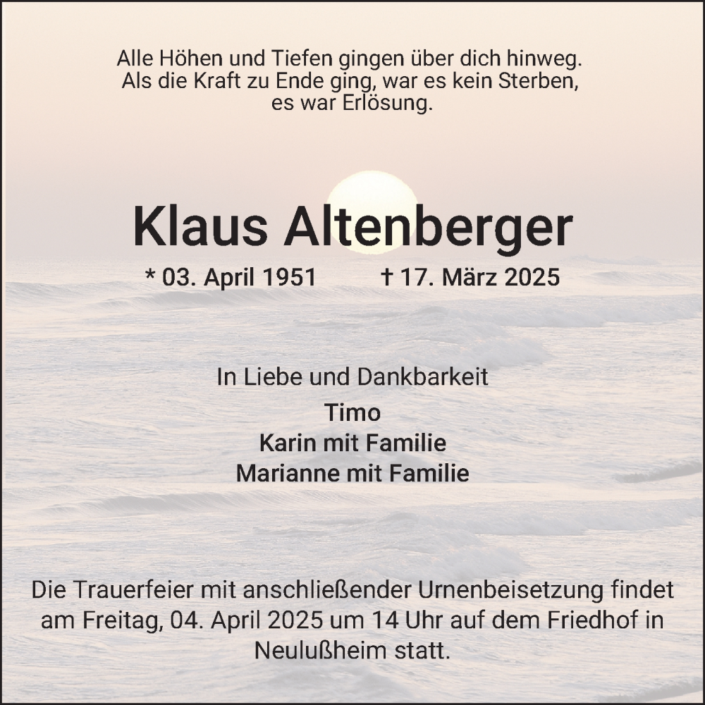  Traueranzeige für Klaus Altenberger vom 29.03.2025 aus Schwetzinger Zeitung