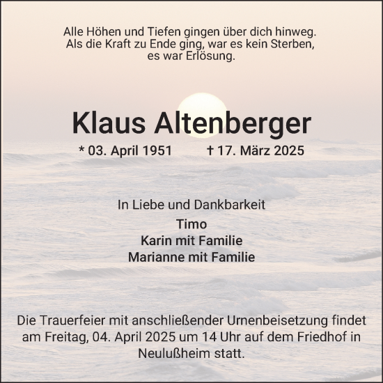 Traueranzeige von Klaus Altenberger von Schwetzinger Zeitung