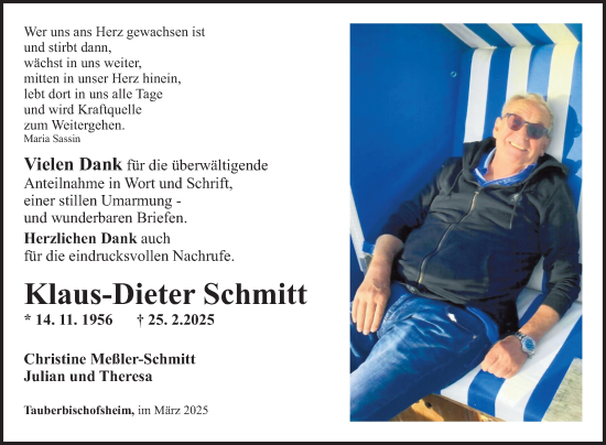 Traueranzeige von Klaus-Dieter Schmitt von Fränkische Nachrichten