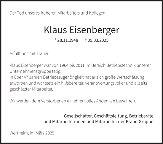 Traueranzeige von Klaus Eisenberger von Fränkische Nachrichten