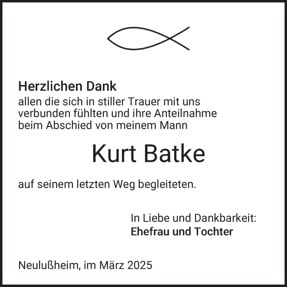  Traueranzeige für Kurt Batke vom 28.03.2025 aus Schwetzinger Zeitung