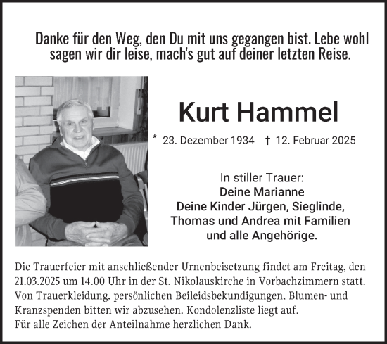 Traueranzeige von Kurt Hammel von Fränkische Nachrichten