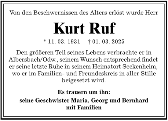 Traueranzeige von Kurt Ruf von Mannheimer Morgen