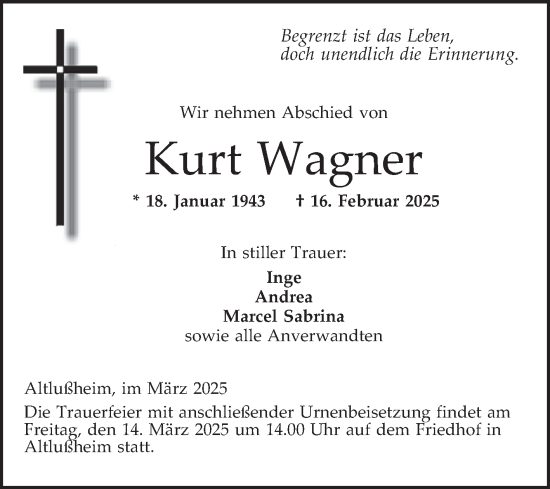 Traueranzeige von Kurt Wagner von Schwetzinger Zeitung