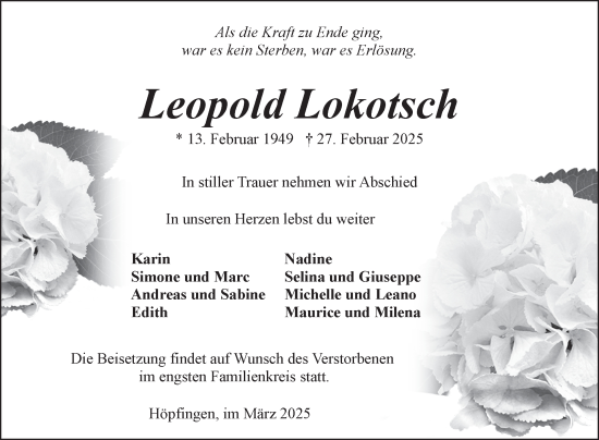 Traueranzeige von Leopold Lokotsch von Fränkische Nachrichten