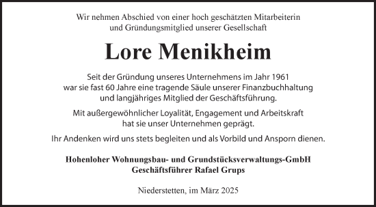 Traueranzeige von Lore Menikheim von Fränkische Nachrichten